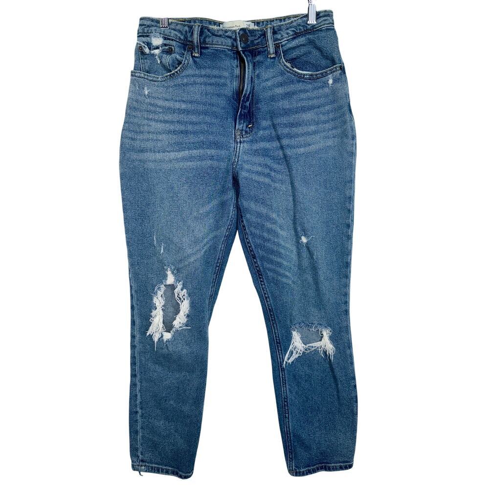 Abercrombie & Fitch Curve Love AF Mom Jean Blue Denim Distressed Jeans Size 28 6